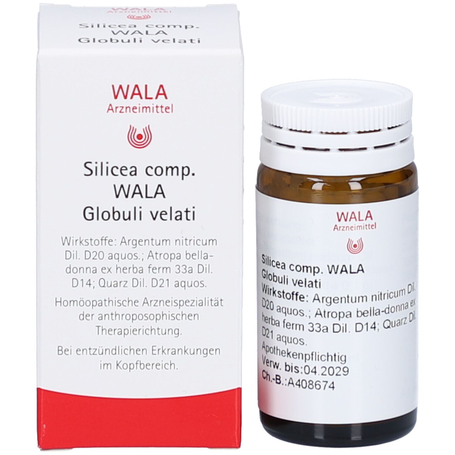 Produktverpackung und Flasche. Verpackung: weißer Karton mit Text und Logo. Flasche: braunes Glas, weißer Deckel.