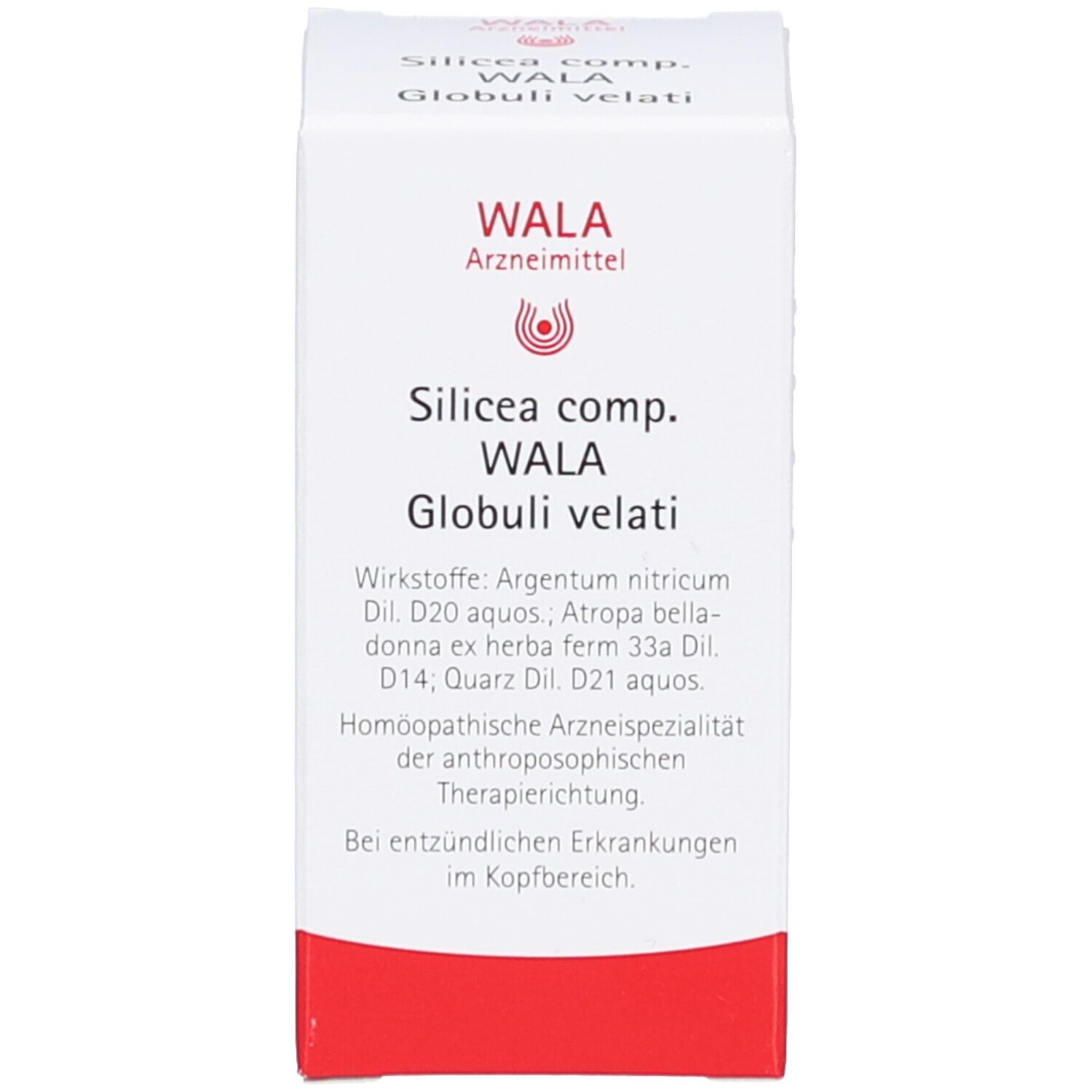 Produktverpackung. Weißer Karton mit Text und Logo. Silicea comp. WALA Globuli velati. Roter Streifen.