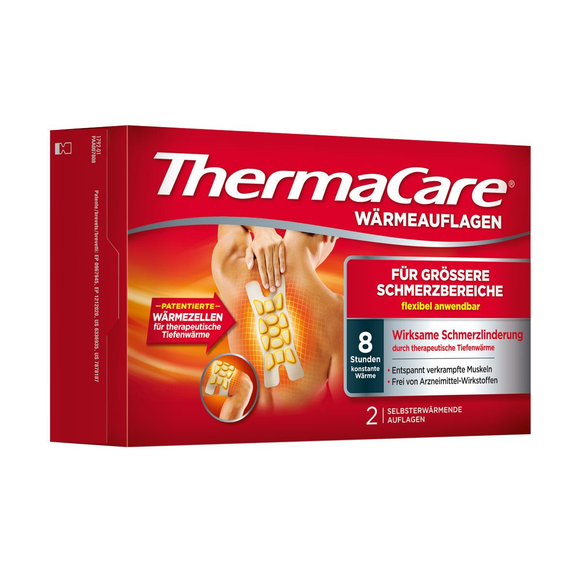 Rote Verpackung von ThermaCare® Wärmepflastern. Zeigt ein Produktbild und Text: Für größere Schmerzbereiche, 8 Stunden Wärme, 2 Auflagen.