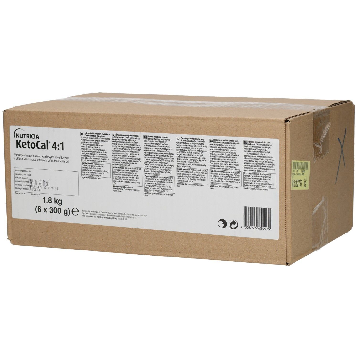 Karton mit KETO CAL 4:1 VANILLE. Aufschrift: Nutricia, KetoCal 4:1, 1,8 kg (6 x 300 g).