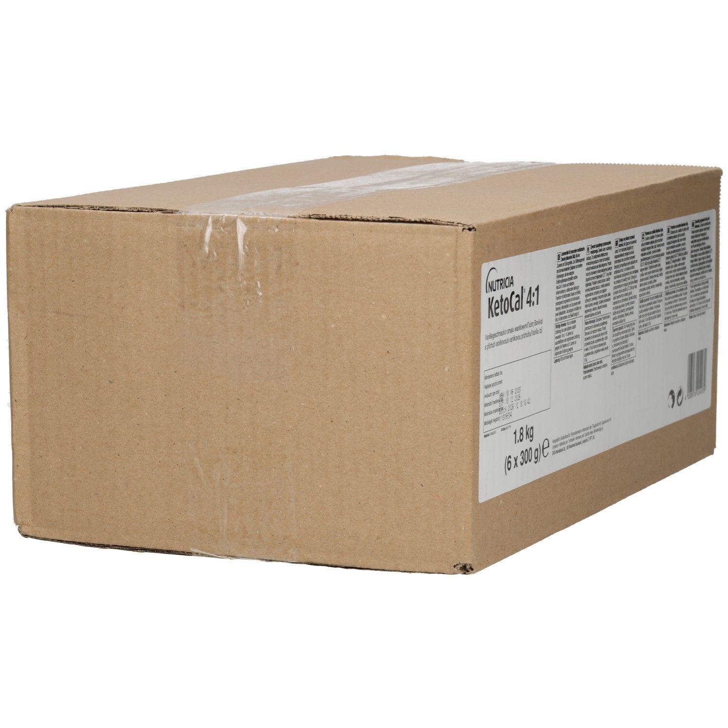 Karton mit KETO CAL 4:1 VANILLE. Aufschrift: Nutricia, KetoCal 4:1, 1,8 kg (6 x 300 g).
