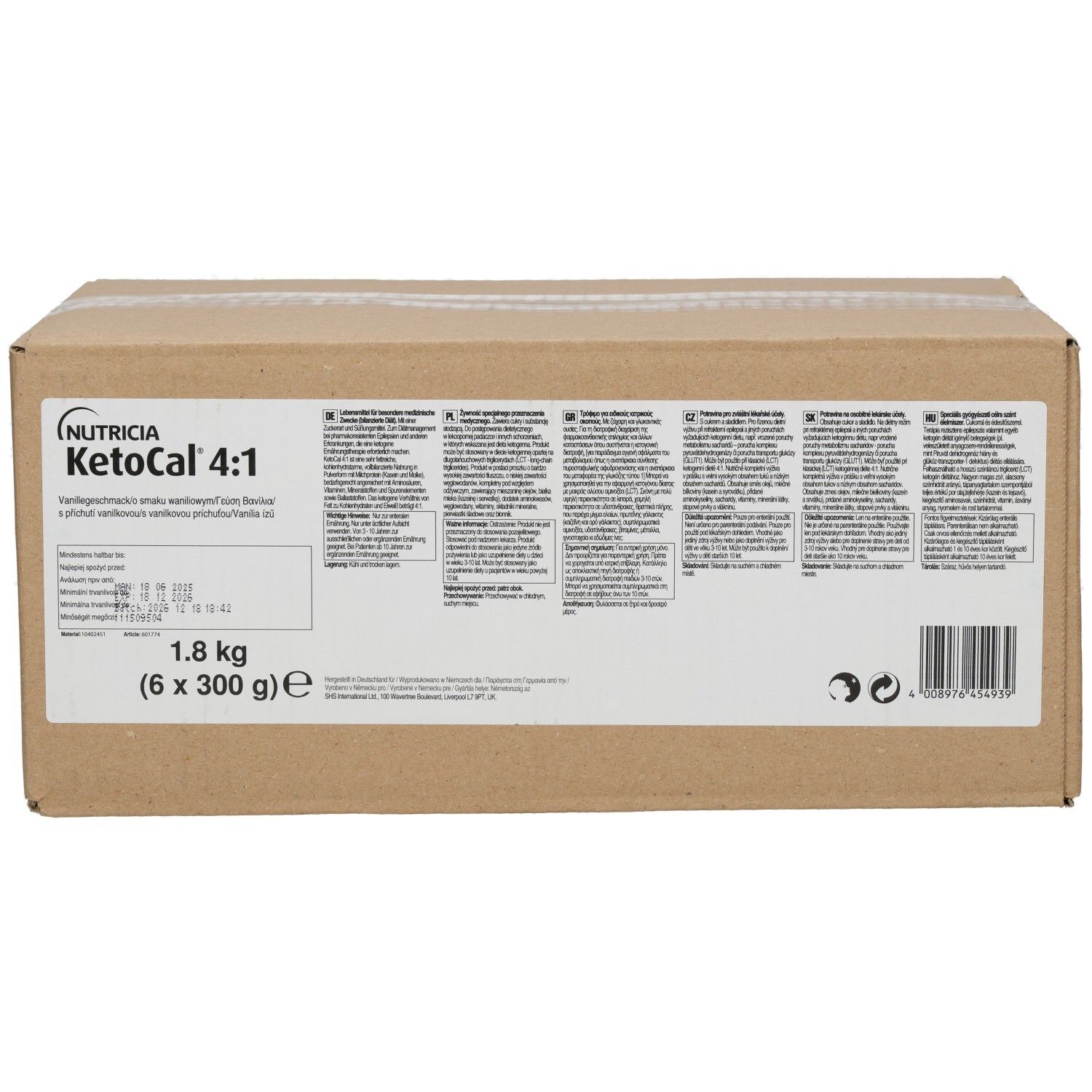 Karton mit KETO CAL 4:1 VANILLE. Aufschrift: Nutricia, KetoCal 4:1, 1,8 kg (6 x 300 g).
