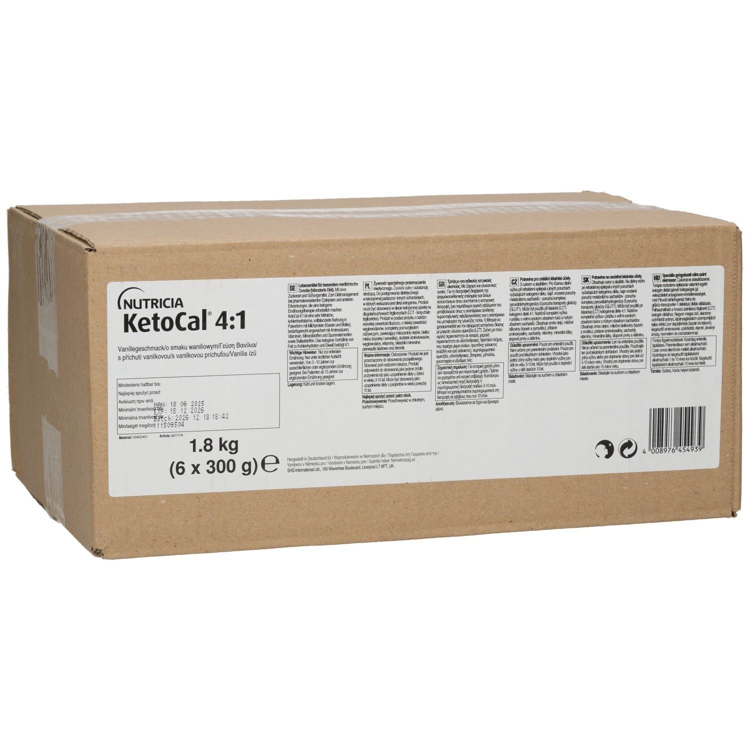 Karton mit KETO CAL 4:1 VANILLE. Aufschrift: Nutricia, KetoCal 4:1, 1,8 kg (6 x 300 g).