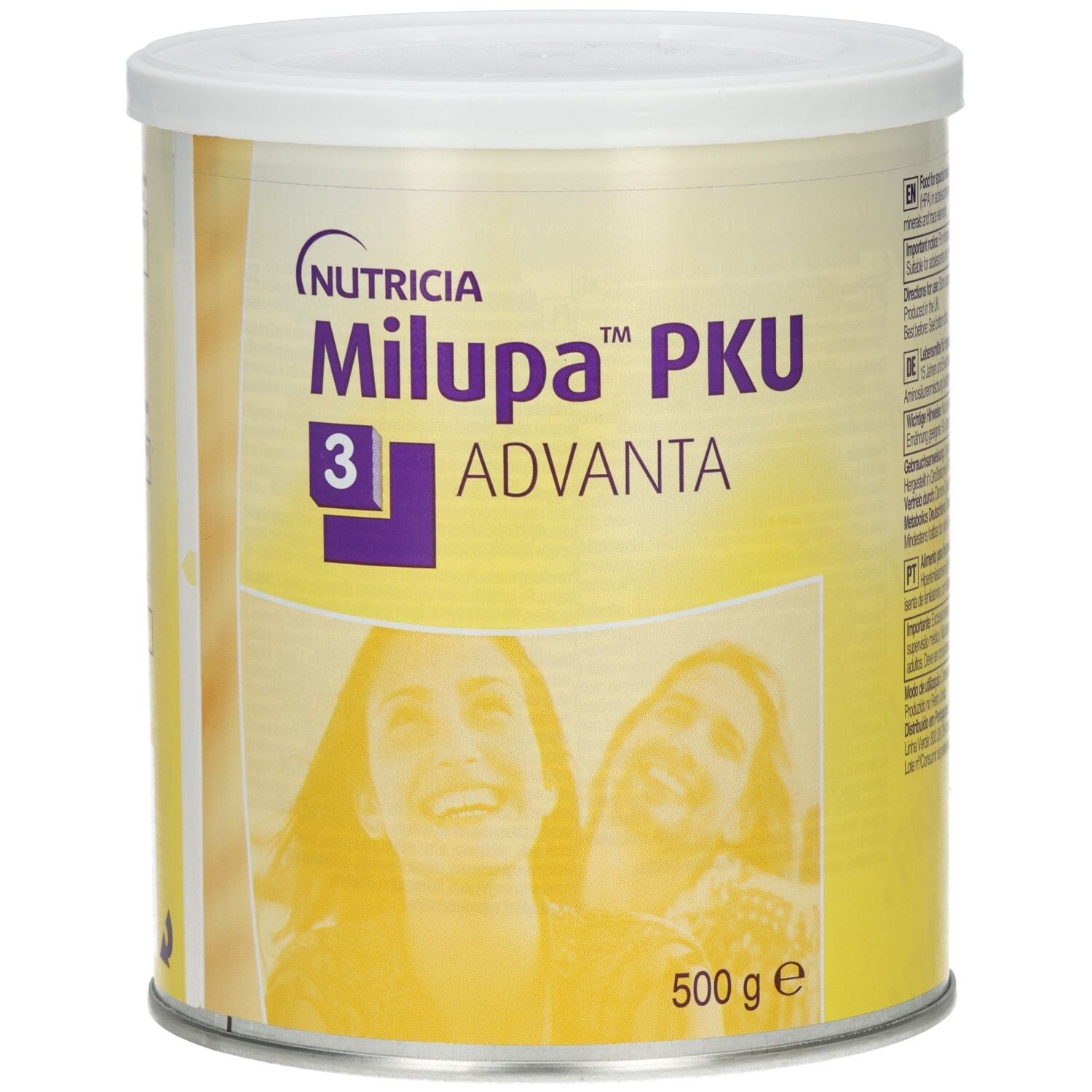 Dose Milupa PKU 3 Advanta. Weißer Deckel, gelber Hintergrund. Logo Nutricia. 500 g. Abbildung von Personen.