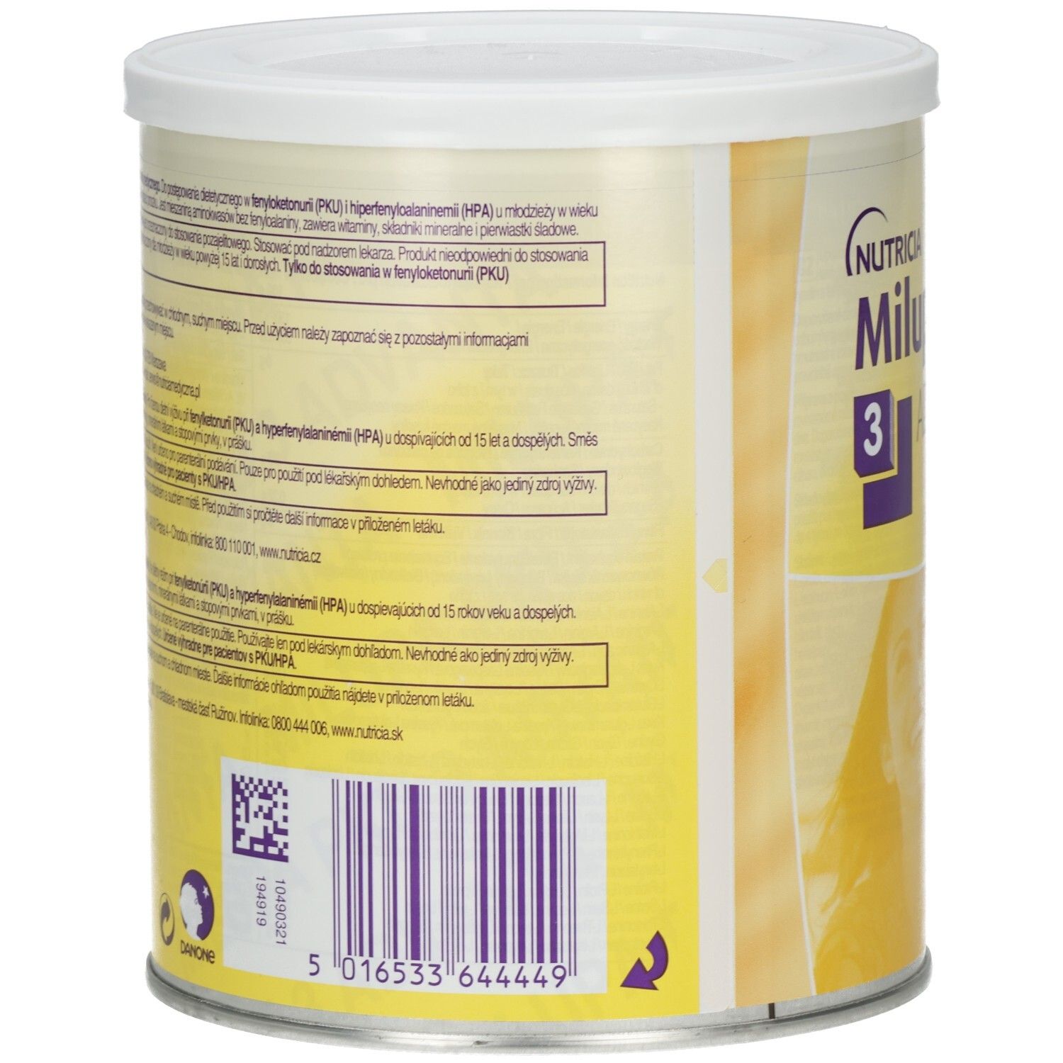 Rückseite der Dose Milupa PKU 3 Advanta. Text in mehreren Sprachen. Barcode und QR-Code.