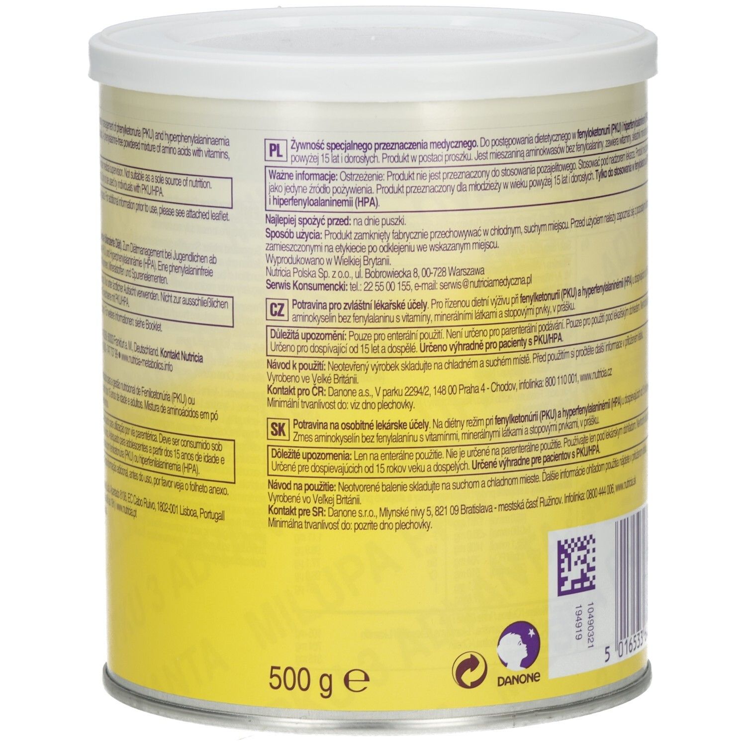 Rückseite der Dose Milupa PKU 3 Advanta. Text in mehreren Sprachen. 500 g.