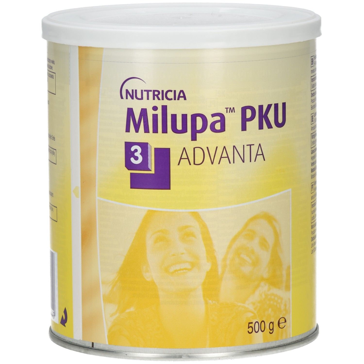 Dose Milupa PKU 3 Advanta. Weißer Deckel, gelber Hintergrund. Logo Nutricia. 500 g. Abbildung von Personen.