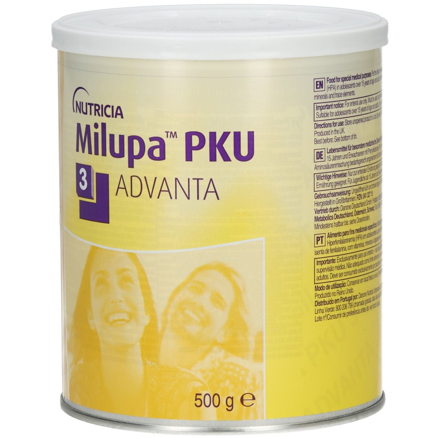 Dose Milupa PKU 3 Advanta. Weißer Deckel, gelber Hintergrund. Logo Nutricia. 500 g. Text in Englisch.