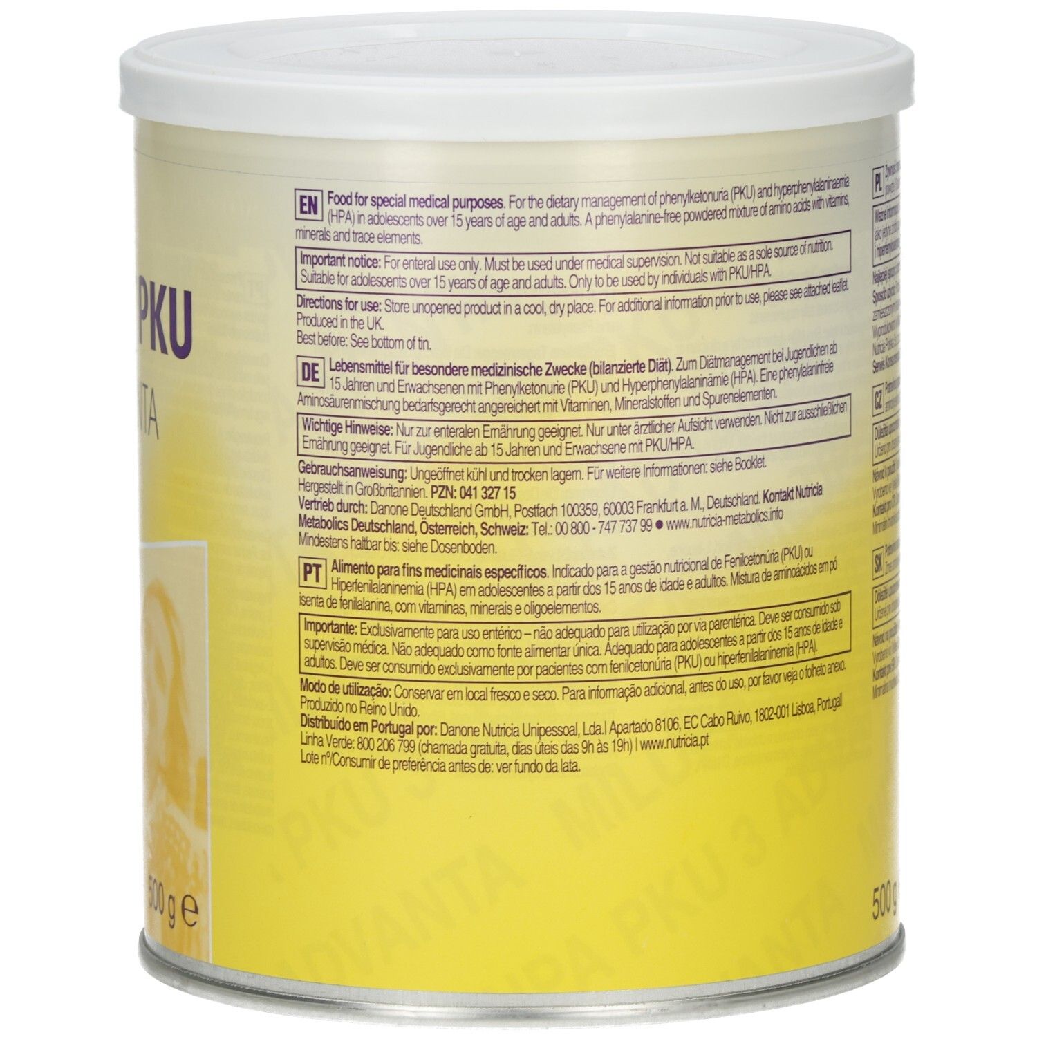 Rückseite der Dose Milupa PKU 3 Advanta. Text in mehreren Sprachen. 500 g.