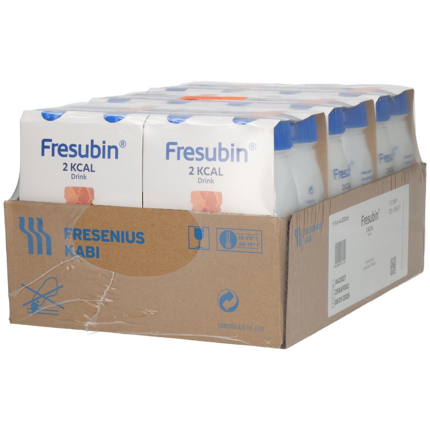Fresubin 2 Kcal Drink: 24x200ml Flaschen, Vorderansicht der Kartonverpackung.