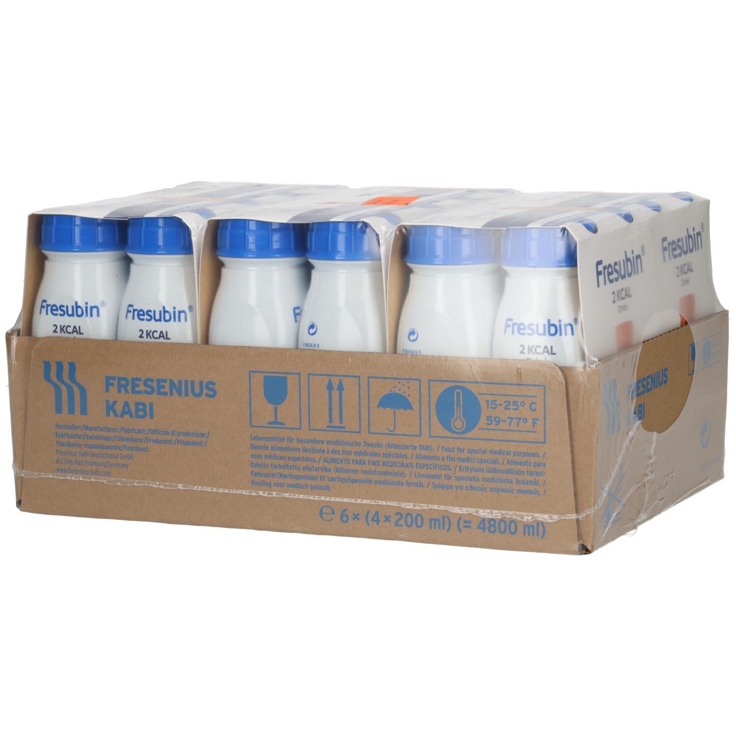 Fresubin 2 Kcal Drink: 24x200ml Flaschen, Seitenansicht der Kartonverpackung mit Symbolen.