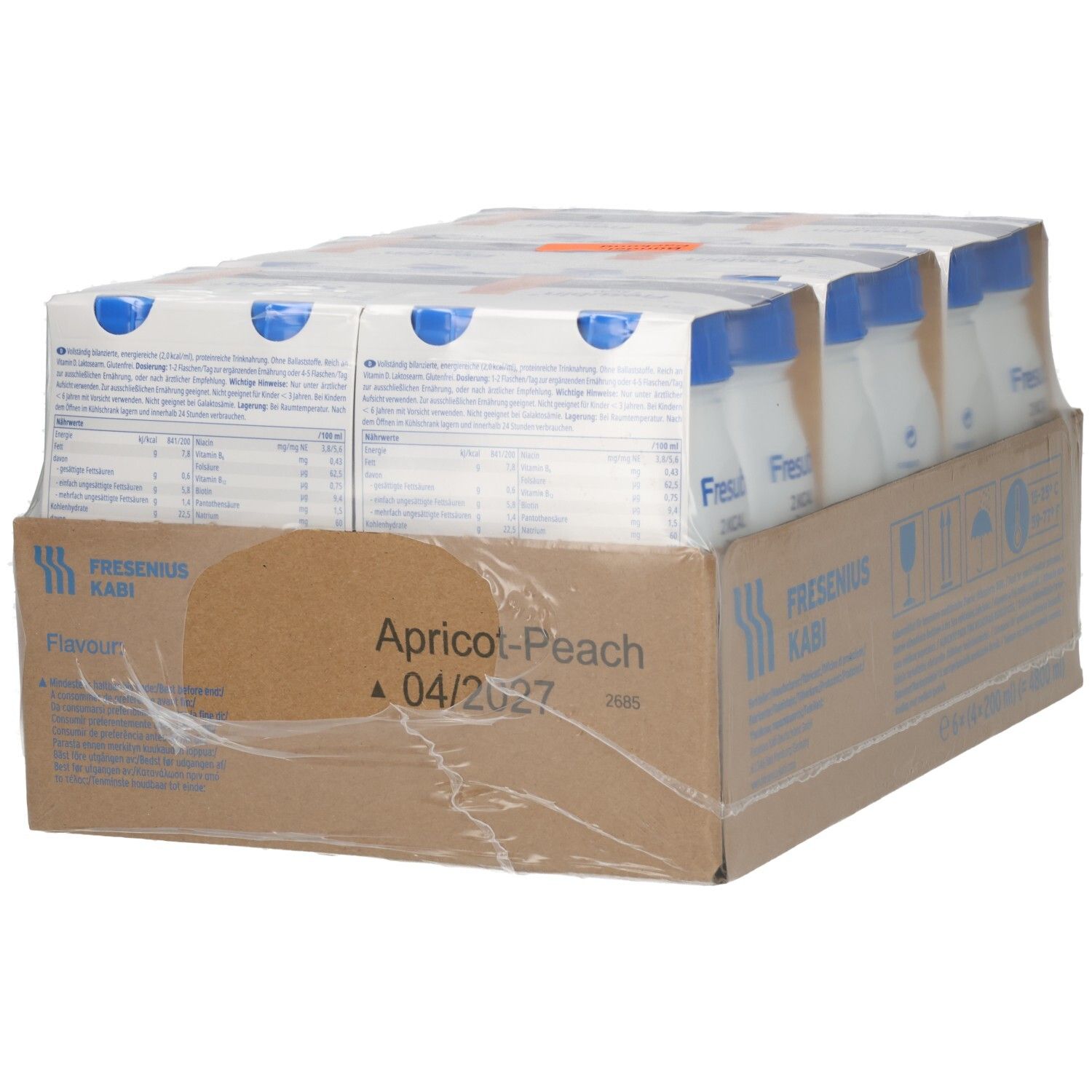 Fresubin 2 Kcal Drink: 24x200ml Flaschen, Rückseite der Kartonverpackung mit Nährwertangaben.