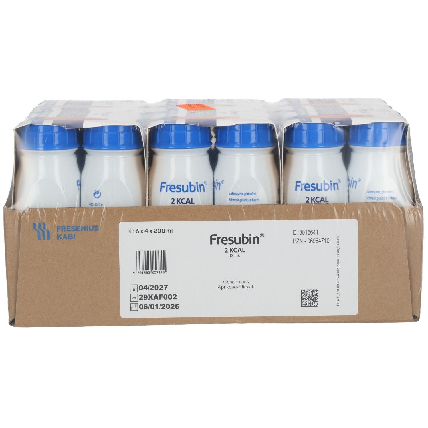 Fresubin 2 Kcal Drink: 24x200ml Flaschen, Kartonverpackung mit Etikett.
