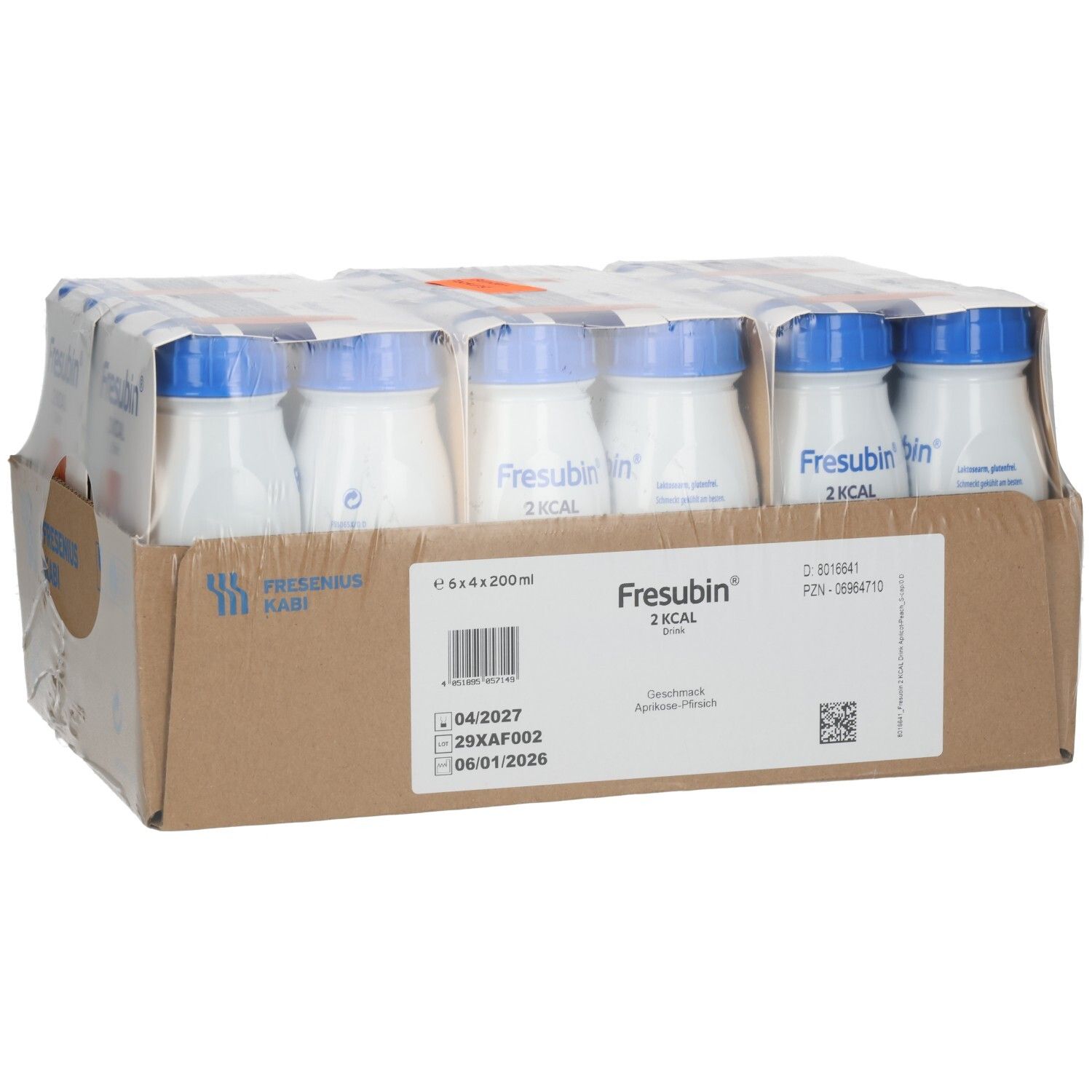 Fresubin 2 Kcal Drink: 24x200ml Flaschen, Kartonverpackung mit Etikett und Barcode.