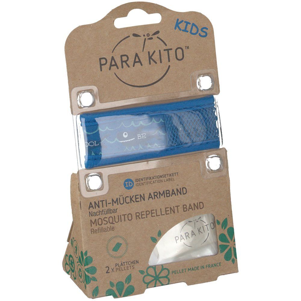 PARA KITO™ Anti-Mücken Armband Kids in Verpackung. Blaues Armband, braune Kartonverpackung mit Produktinformationen und Logo.