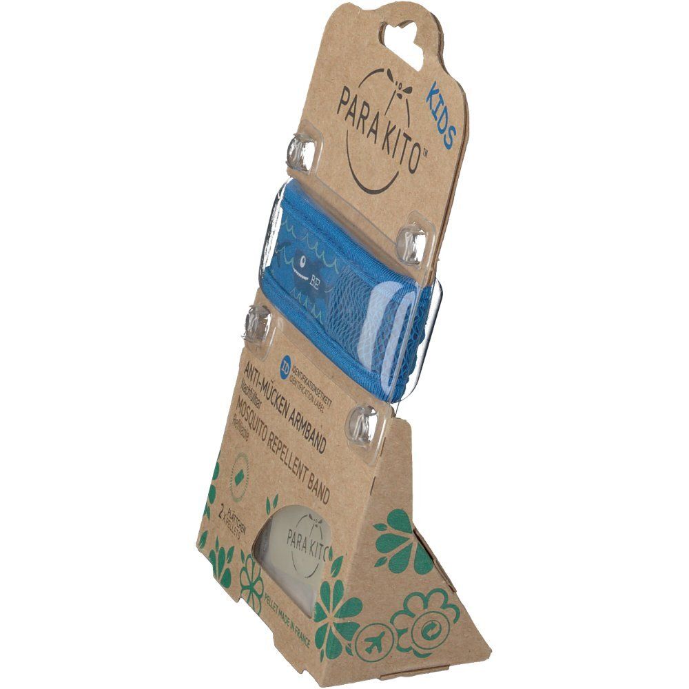 PARA KITO™ Anti-Mücken Armband Kids in Verpackung. Seitenansicht. Blaues Armband, braune Kartonverpackung mit Produktinformationen.