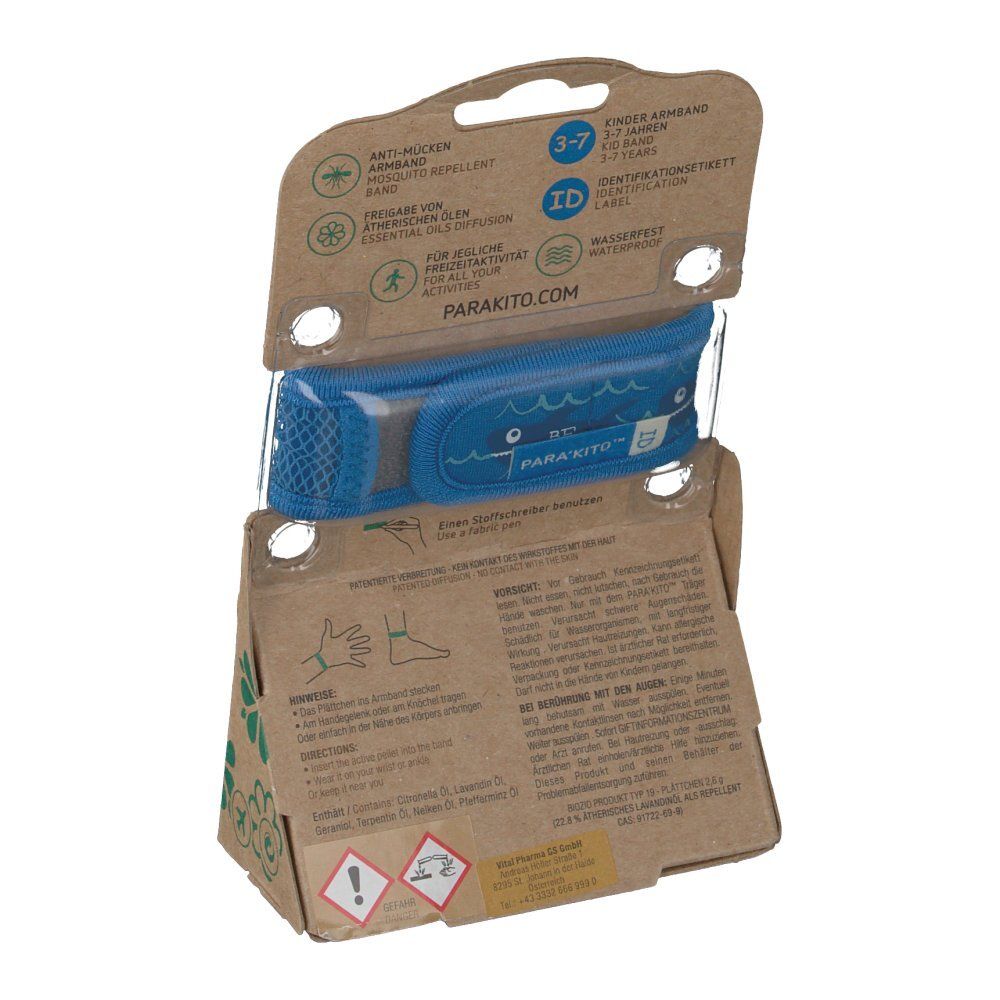 Rückseite der PARA KITO™ Anti-Mücken Armband Kids Verpackung. Informationen, Illustrationen und das blaue Armband sind sichtbar.
