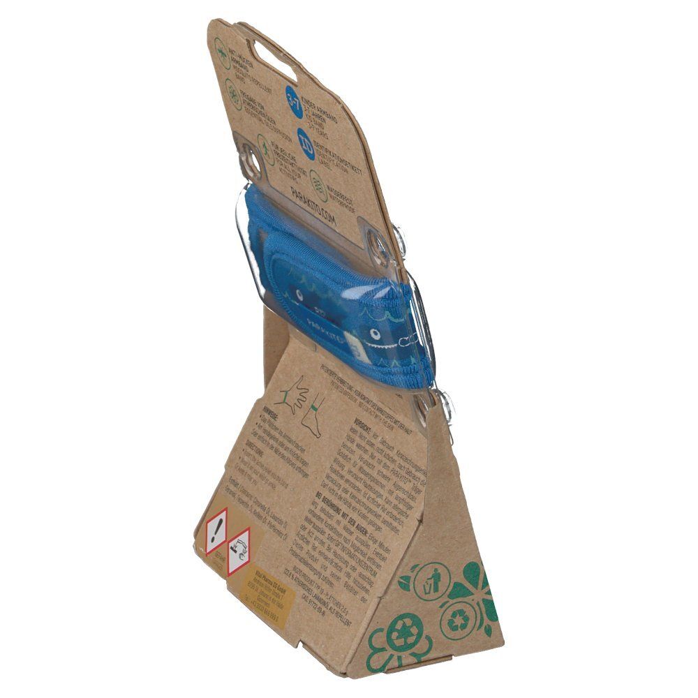 PARA KITO™ Anti-Mücken Armband Kids Verpackung, Seitenansicht. Braune Kartonverpackung mit Produktinformationen und blauem Armband.