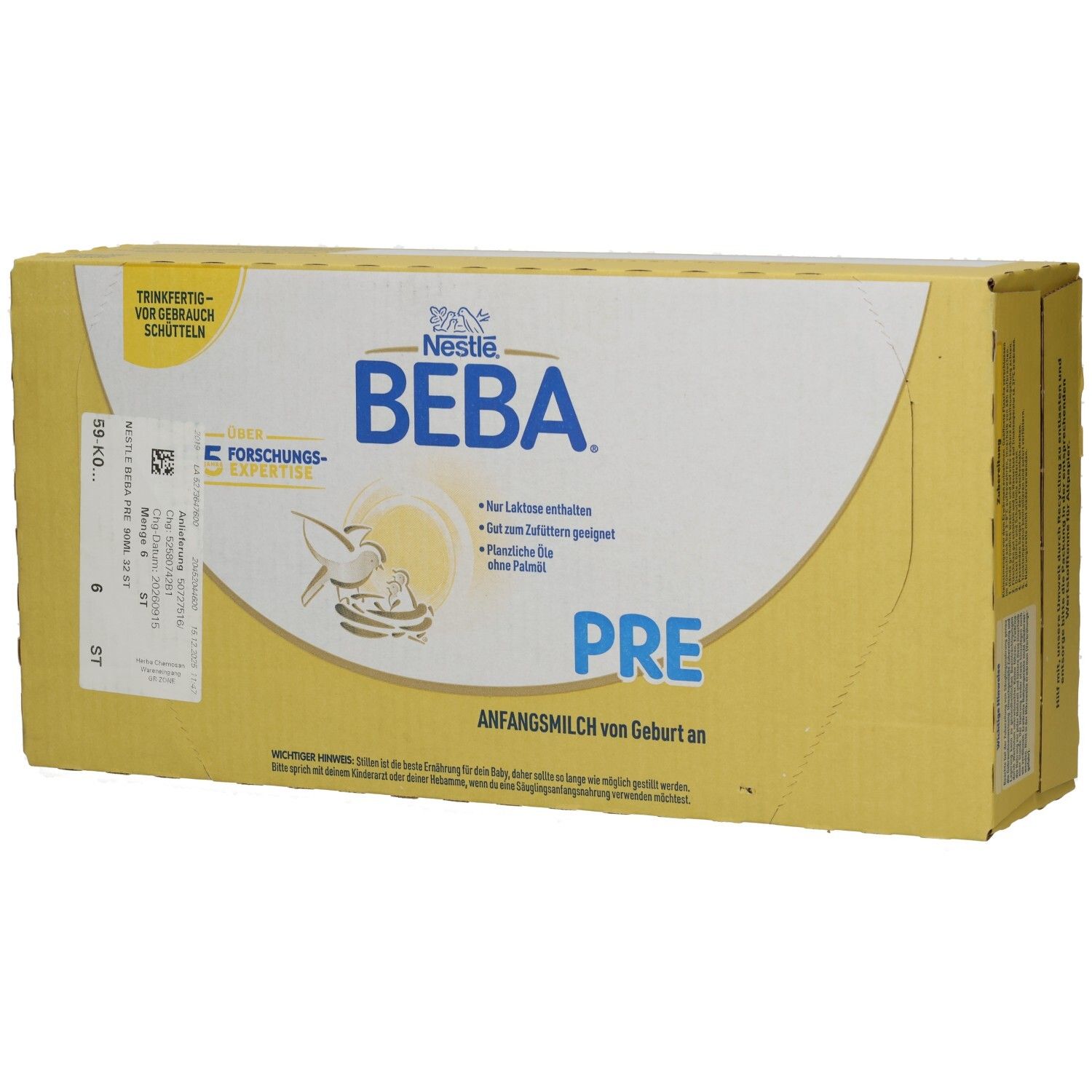 Gelbe Kartonverpackung mit Nestle BEBA PRE ANFANGSMILCH. Text: Nur Laktose enthalten, ohne Palmöl. Ab Geburt.