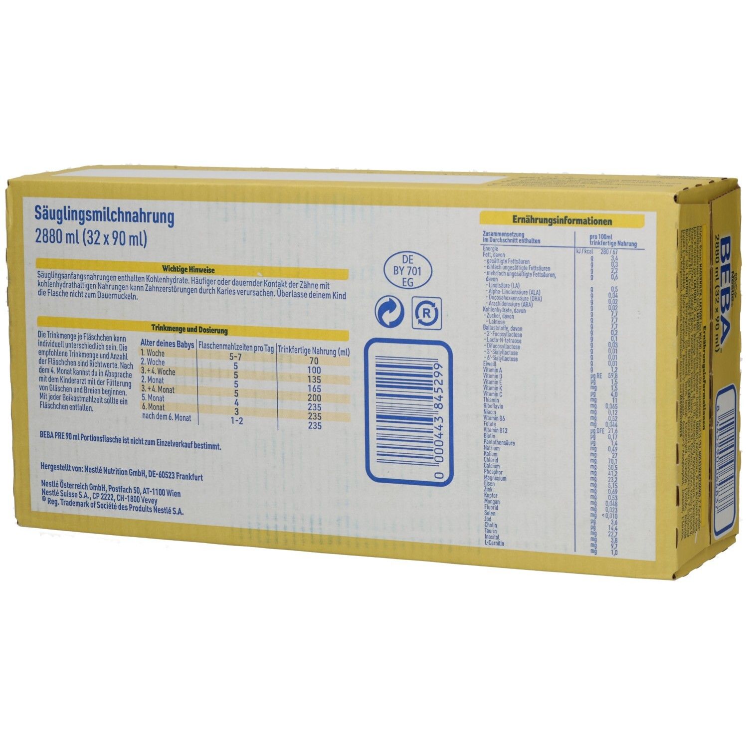 Rückseite der gelben Kartonverpackung Nestle BEBA PRE. Text: Säuglingsmilchnahrung. 2880 ml (32 x 90 ml).