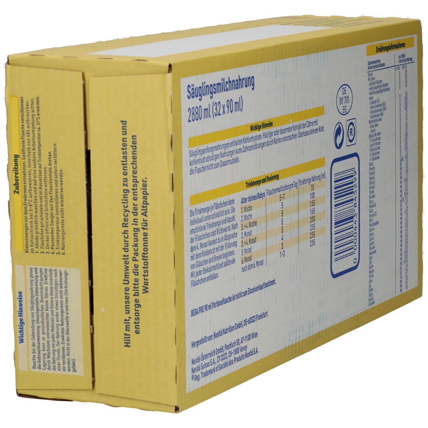 Seite der gelben Kartonverpackung Nestle BEBA PRE. Text: Säuglingsmilchnahrung. 2880 ml (32 x 90 ml).