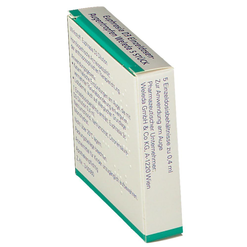 Seitenansicht der Weleda-Verpackung. Text mit Produktinformationen und Herstelleradresse. Weiß mit grünen Akzenten.