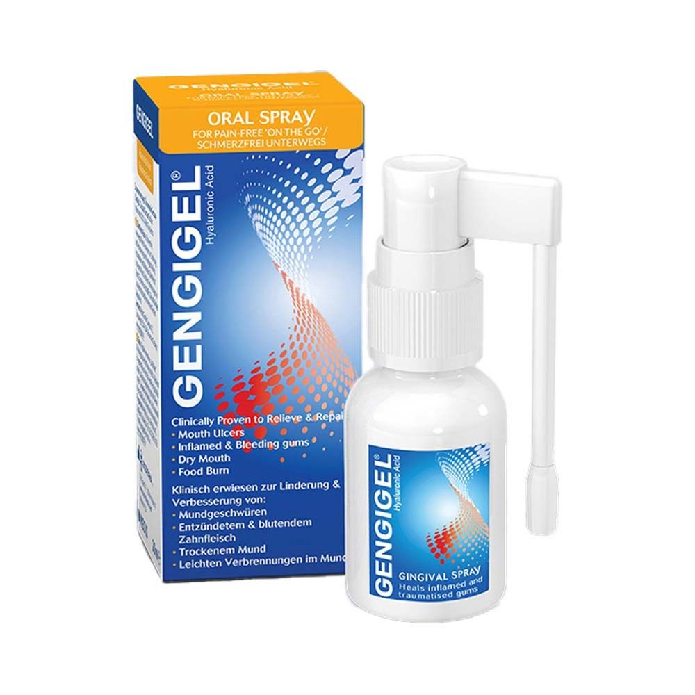 Gengigel Mundspray und Verpackung. Weißes Spray mit weißem Applikator. Blaue und gelbe Verpackung.