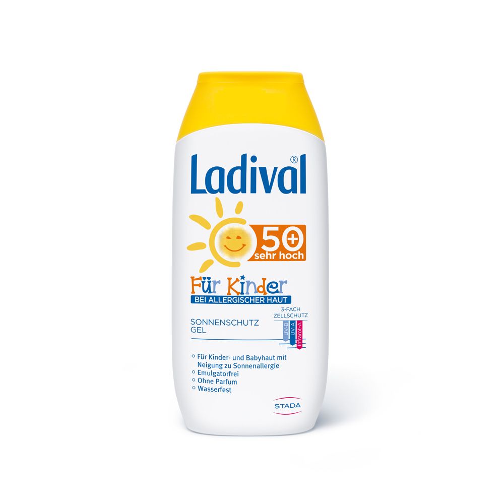 Ladival Sonnenschutz Gel für Kinder. Weiße Flasche mit gelbem Deckel. Aufschrift: 50 sehr hoch, Für Kinder, Sonnenschutz Gel.