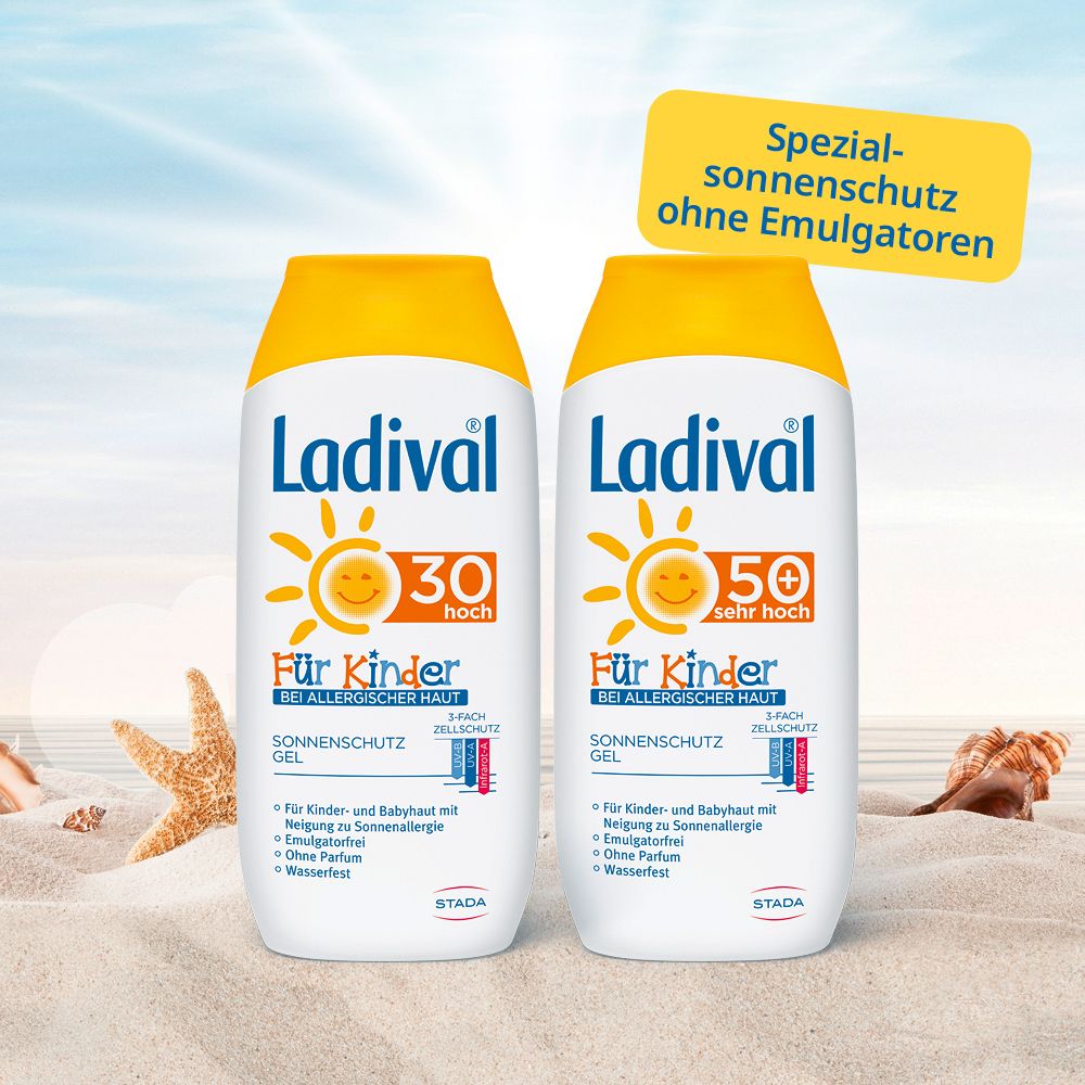 Zwei Ladival Sonnenschutz Gel Flaschen. Aufschrift: 30 hoch und 50 sehr hoch. Für Kinder. Gelber Deckel.