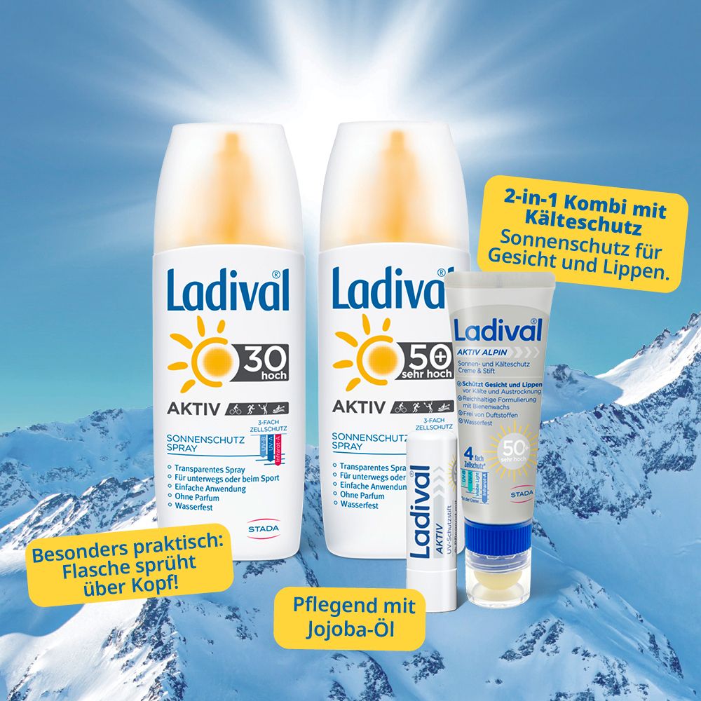Produkt-Set: 2 Sprays, 1 Creme- und Stift-Kombi. Text: Ladival, AKTIV, LSF 30/50. Bergpanorama.