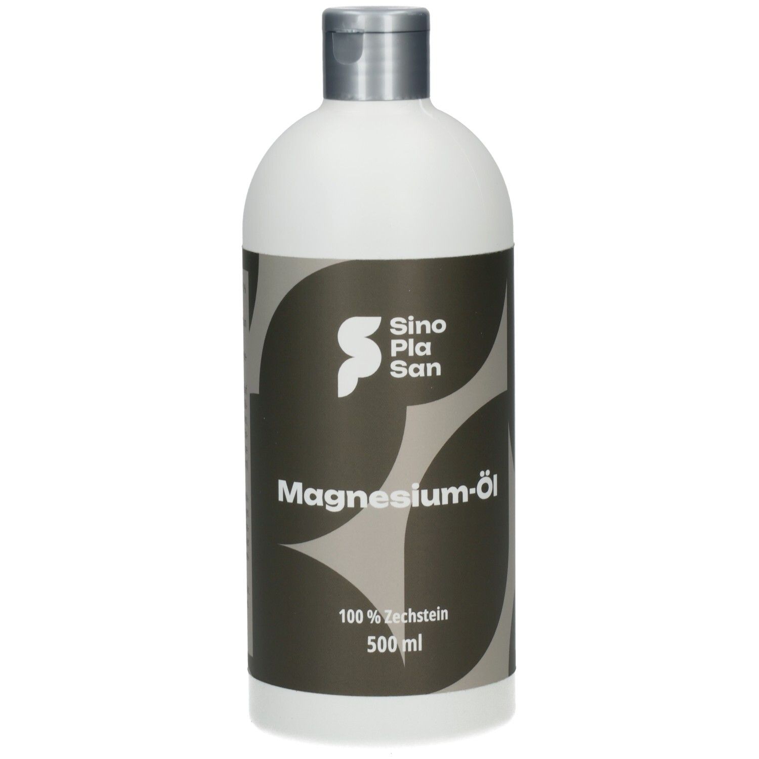 Weiße Flasche mit silbernem Deckel. Aufkleber mit Logo, Schriftzug Magnesium-Öl und 500 ml.