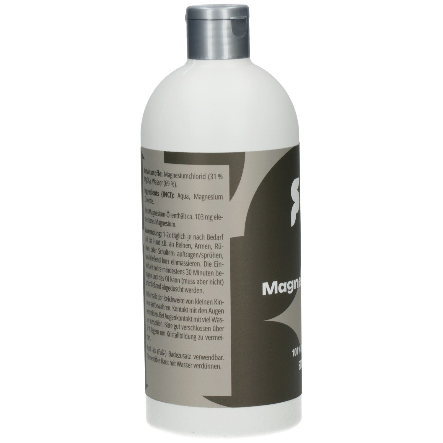 Rückseite der weißen Flasche. Aufkleber mit Inhaltsstoffen und Anwendungshinweisen.