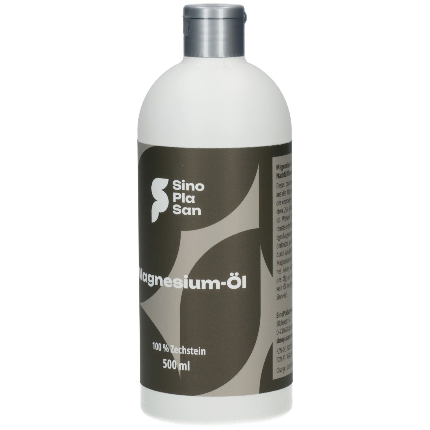 Weiße Flasche mit silbernem Deckel. Aufkleber mit Logo, Schriftzug Magnesium-Öl und 500 ml.