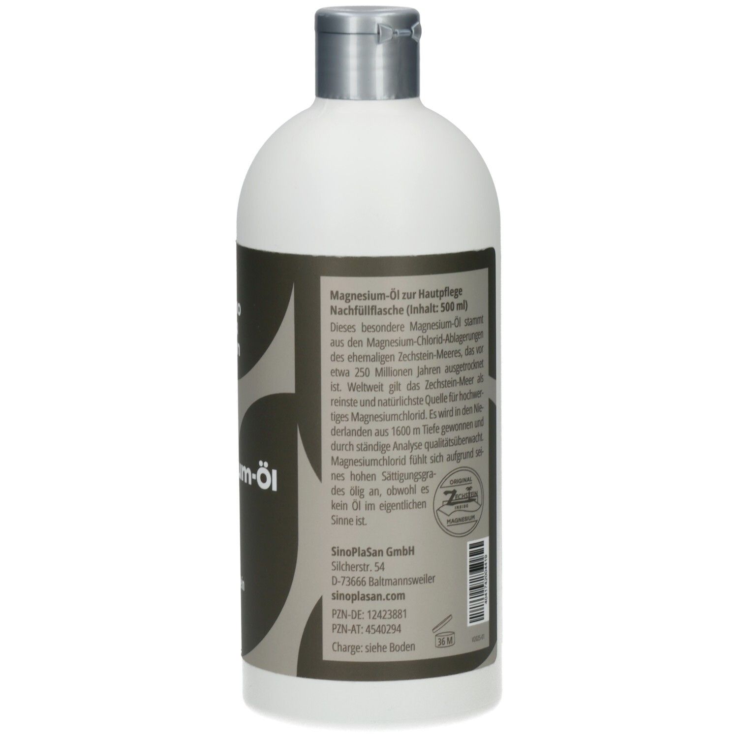 Rückseite der weißen Flasche. Aufkleber mit Produktinformationen und Herstellerangaben.