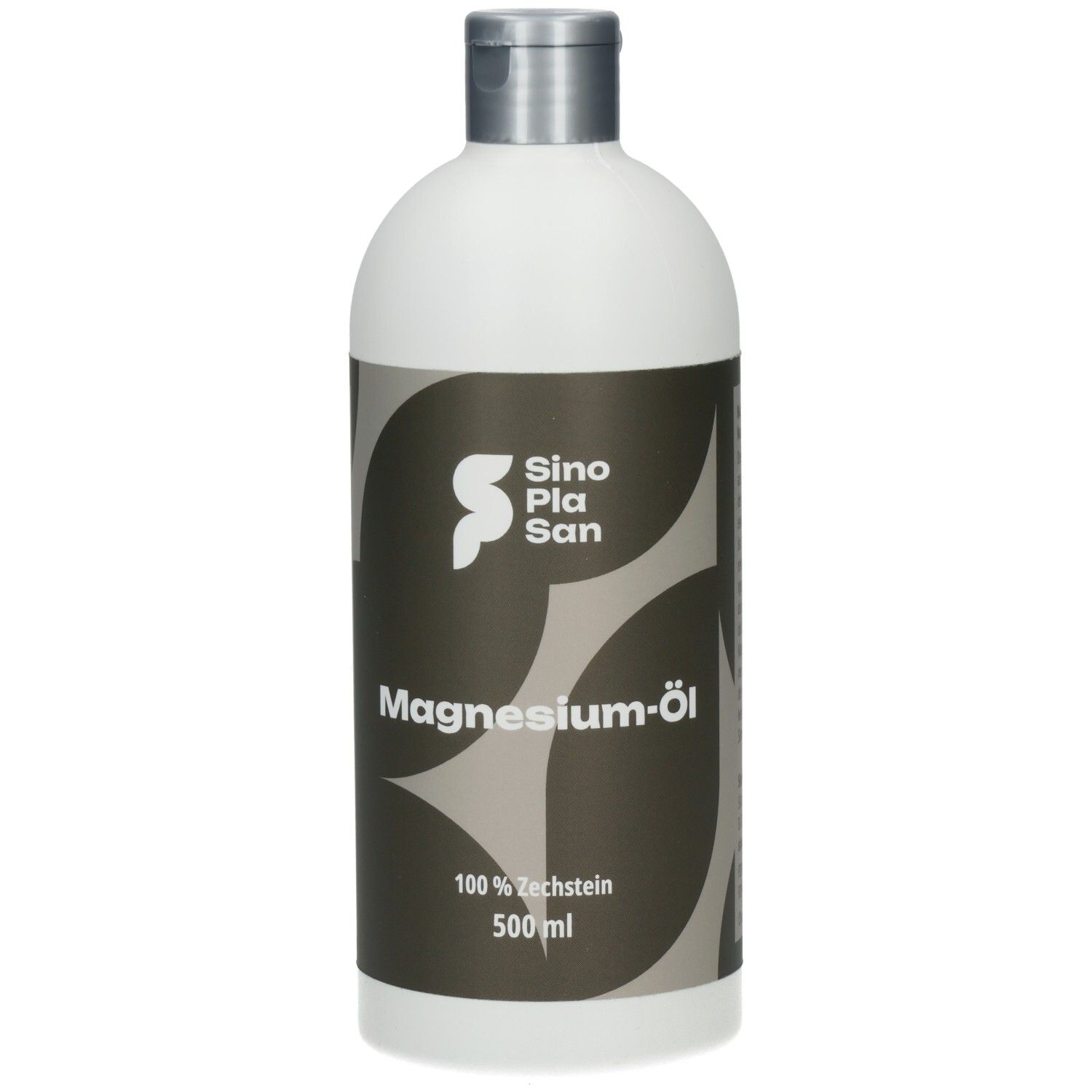 Weiße Flasche mit silbernem Deckel. Aufkleber mit Logo, Schriftzug Magnesium-Öl und 500 ml.
