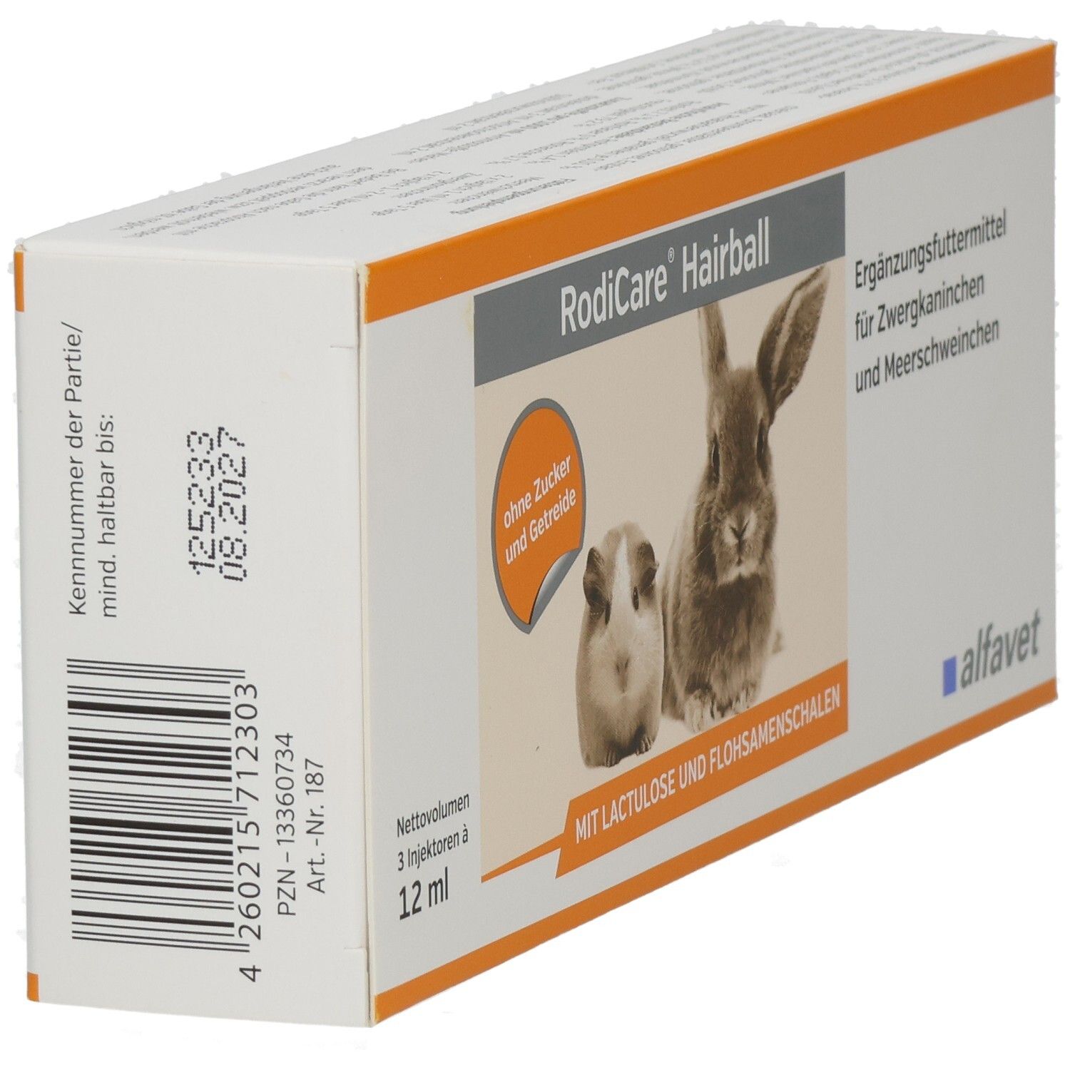 Karton RODICARE Hairball. Abbildung eines Meerschweinchens und Kaninchens. Text: ohne Zucker und Getreide, mit Lactulose und Flohsamenschalen.