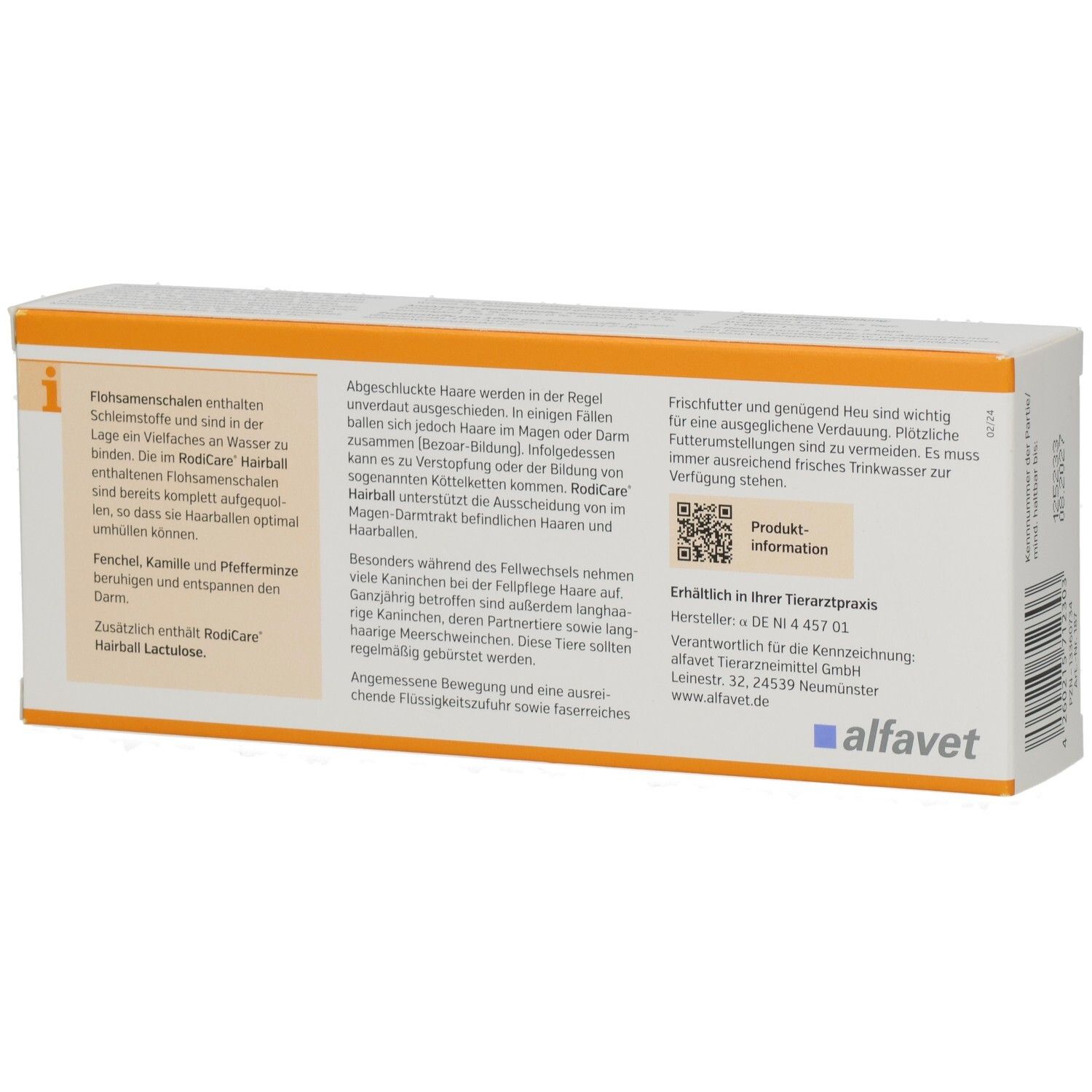 Rückseite der RODICARE Hairball-Verpackung. Textinformationen über das Produkt und seine Inhaltsstoffe. Enthält Informationen zur Anwendung.