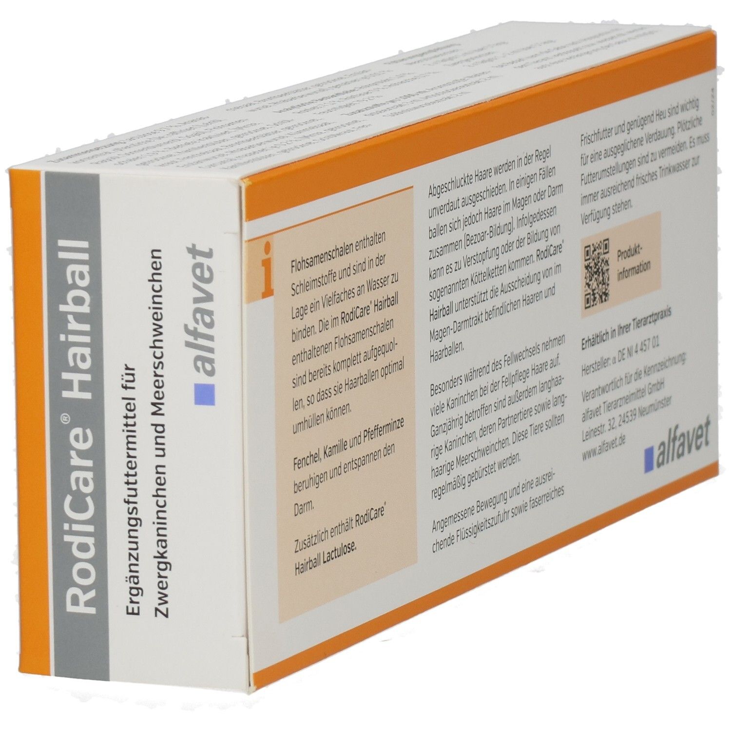 Seite der RODICARE Hairball-Verpackung. Textinformationen über das Produkt und seine Inhaltsstoffe. Enthält Informationen zur Anwendung.