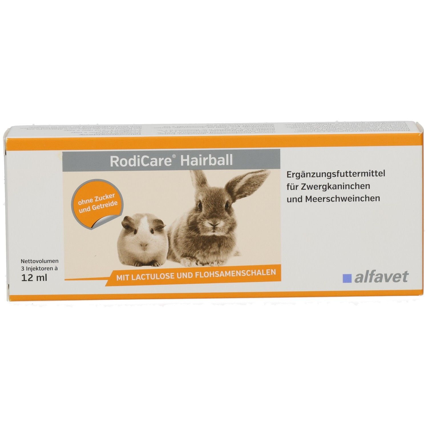 Karton RODICARE Hairball. Abbildung eines Meerschweinchens und Kaninchens. Text: ohne Zucker und Getreide, mit Lactulose und Flohsamenschalen.