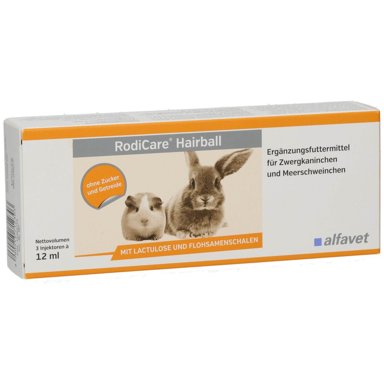 Karton RODICARE Hairball. Abbildung eines Meerschweinchens und Kaninchens. Text: ohne Zucker und Getreide, mit Lactulose und Flohsamenschalen.