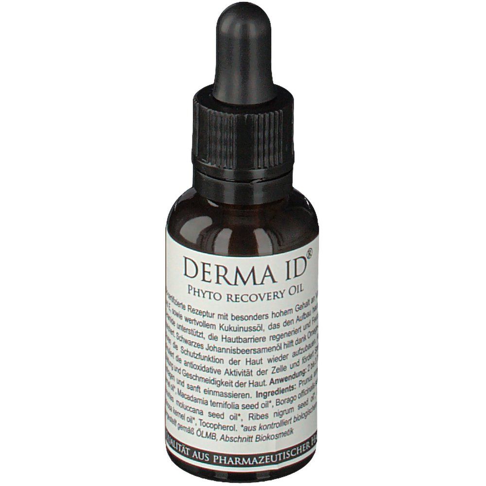 Braune Glasflasche mit schwarzem Tropfer. Aufschrift: DERMA ID® Phyto Recovery Oil. Etikett mit Text und Logo.