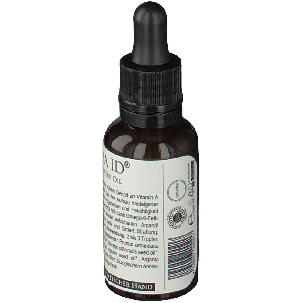 Braune Glasflasche mit schwarzem Tropfer. Aufschrift: DERMA ID® Phyto Recovery Oil. Etikett mit Text und Logo. Siegel.