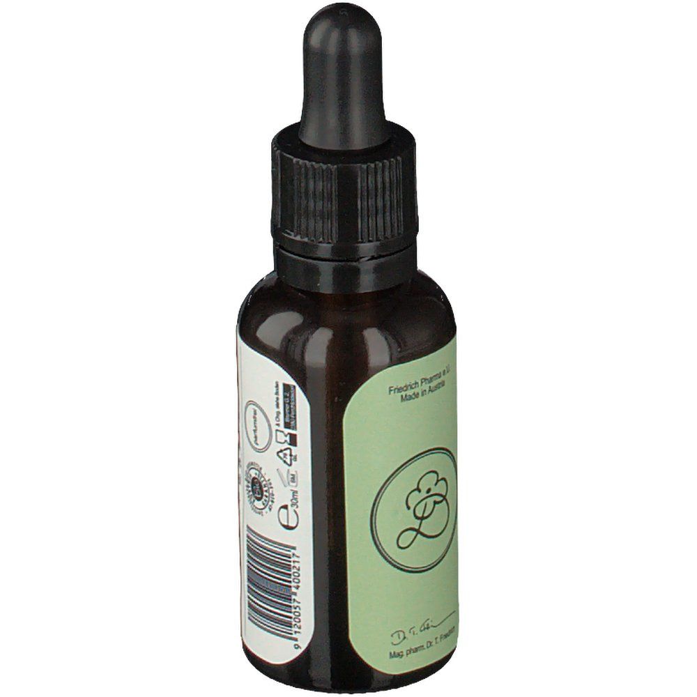 Braune Glasflasche mit schwarzem Tropfer. Grünes Etikett mit Logo und Text. Aufschrift: 30ml.