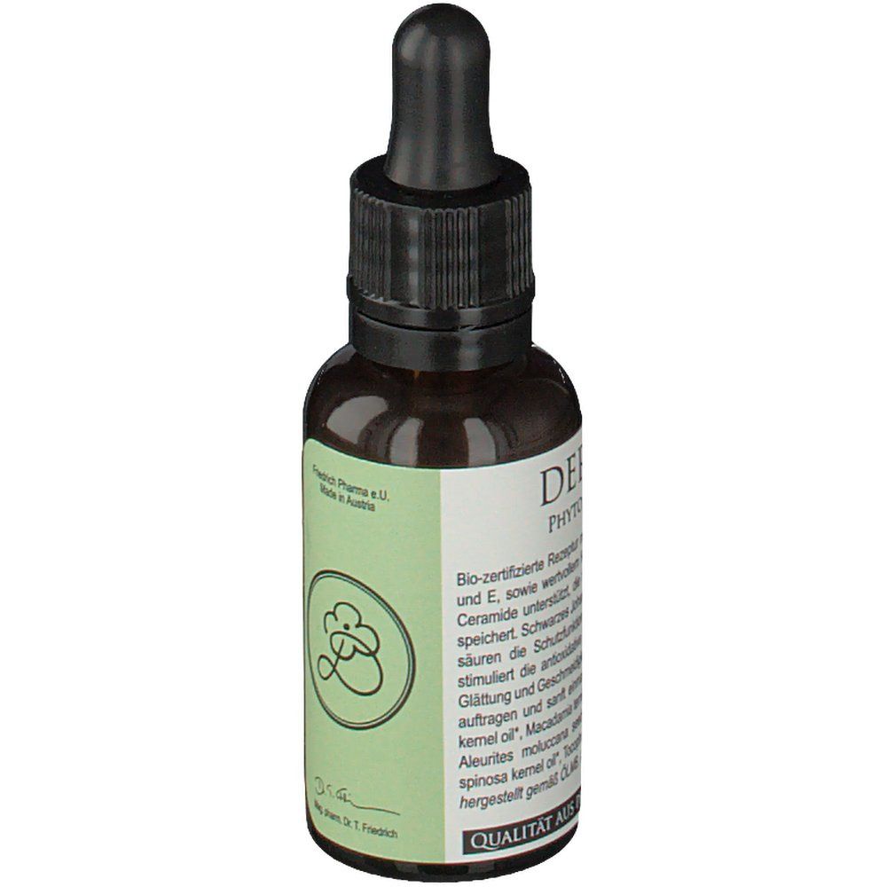 Braune Glasflasche mit schwarzem Tropfer. Grünes Etikett mit Logo und Text. Aufschrift: DERMA ID® Phyto Recovery Oil.