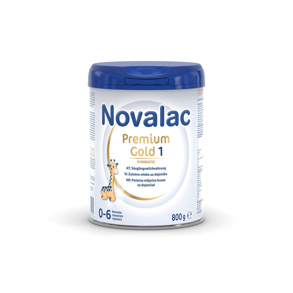 Dose Novalac Premium Gold 1, blaue Kappe, weißer Hintergrund. Aufschrift: Premium Gold 1, 0-6 Monate, 800g.