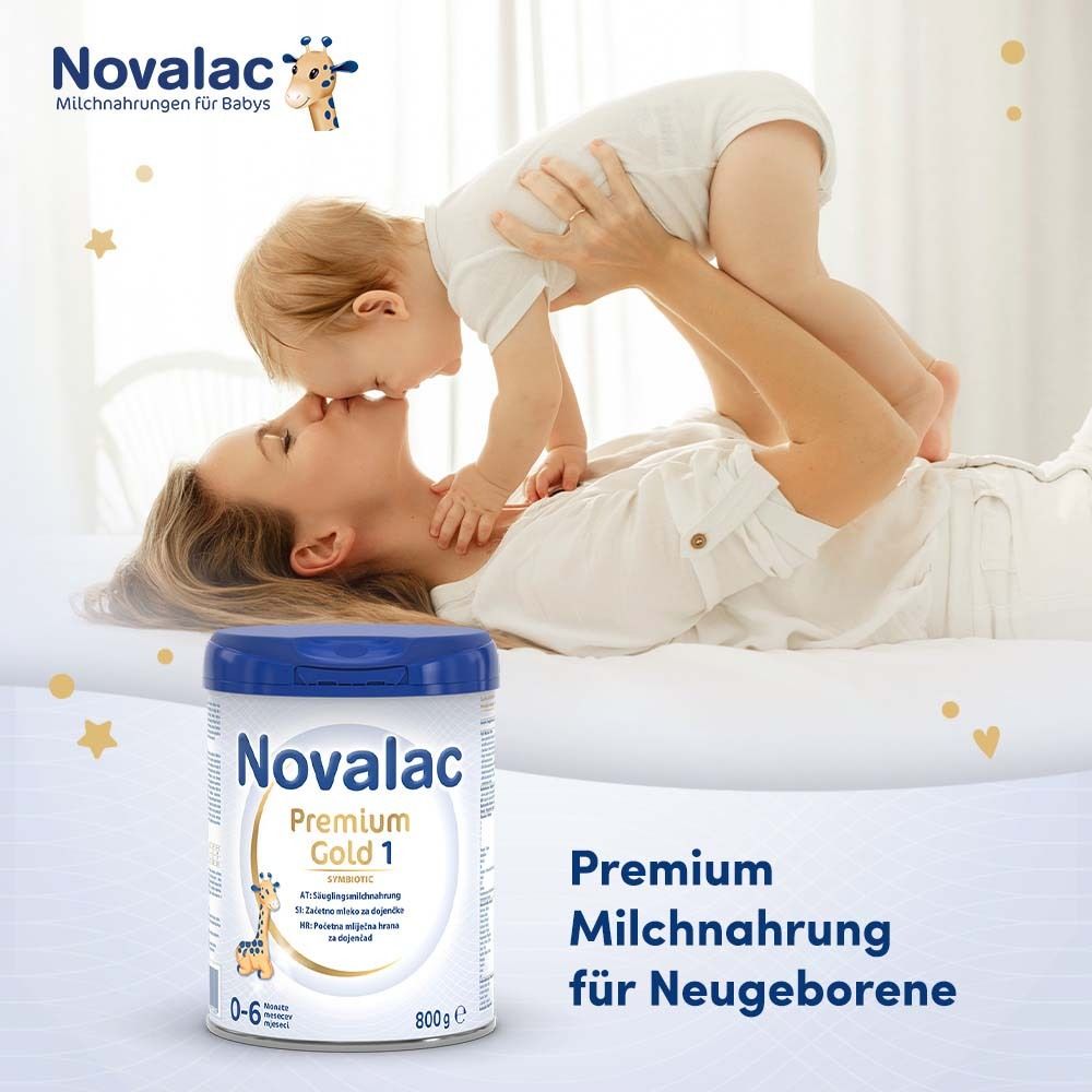 Mutter und Baby. Dose Novalac Premium Gold 1. Text: Premium Milchnahrung für Neugeborene. Sterne im Hintergrund.