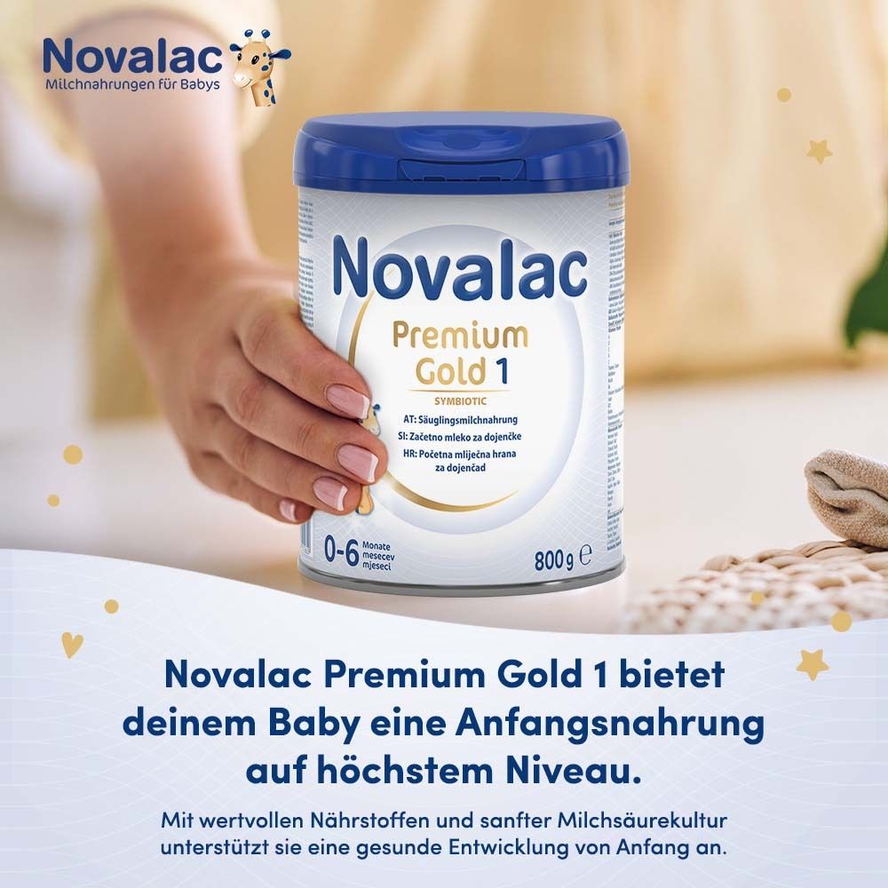 Hand hält Dose Novalac Premium Gold 1. Text: Novalac Premium Gold 1 bietet Ihrem Baby eine Anfangsnahrung auf höchstem Niveau.