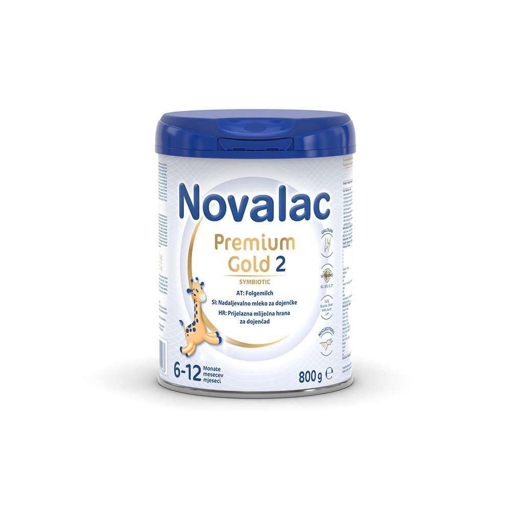 Dose Novalac Premium Gold 2, Folgemilch für Säuglinge. Blaue Dose mit weißem Etikett, Giraffen-Illustration.