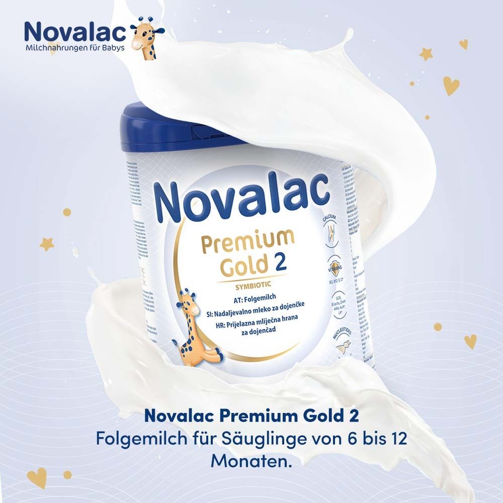 Novalac Premium Gold 2, Folgemilch für Säuglinge. Milchspritzer umgeben die Dose. Giraffen-Illustration.