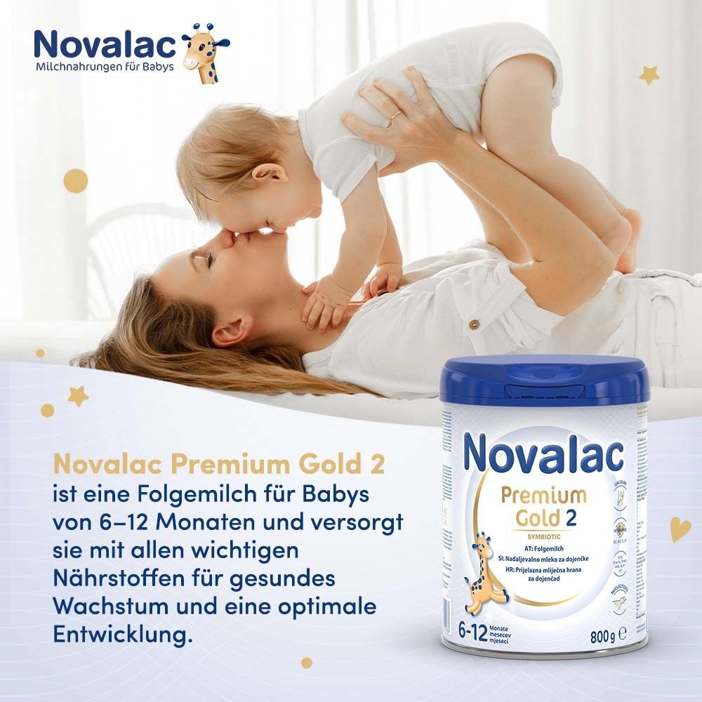 Mutter und Baby küssen sich, neben einer Dose Novalac Premium Gold 2. Dose mit blauem Deckel und weißem Etikett.